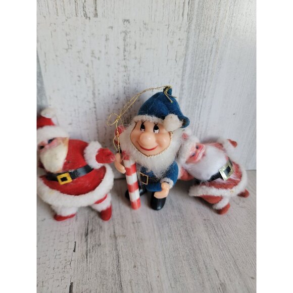 Vintage flocked Santa Claus elf ornament Xmas set unique - Picture 3 of 7